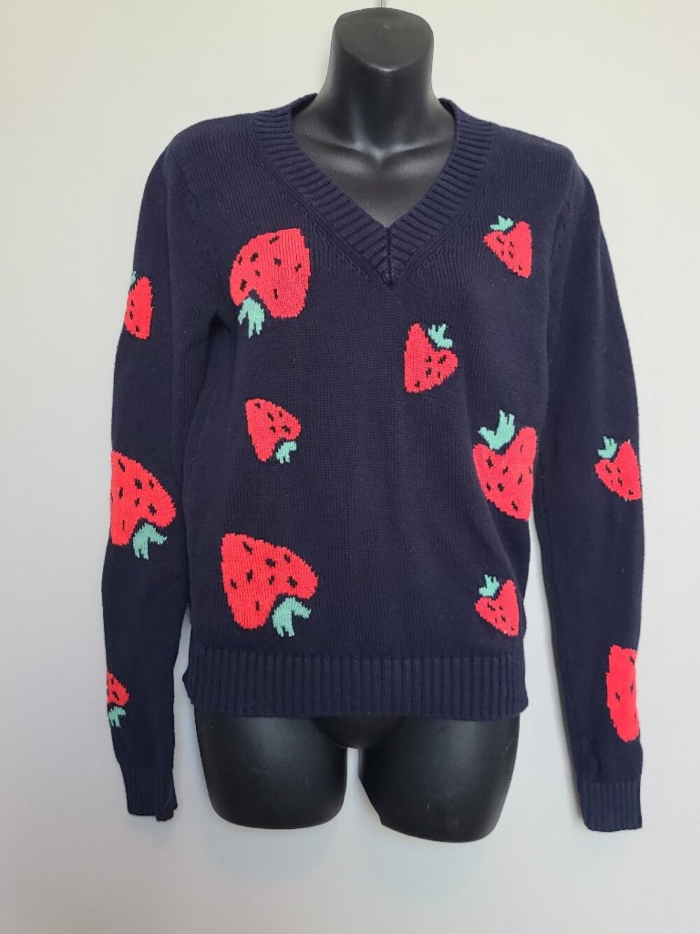 LOFT XS Navy Blue Strawberries Sweater V Neck 100% Cotton